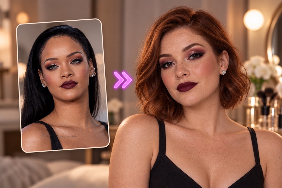 Stylingmate makeup transfer illustration showing a reference look adapted to another face